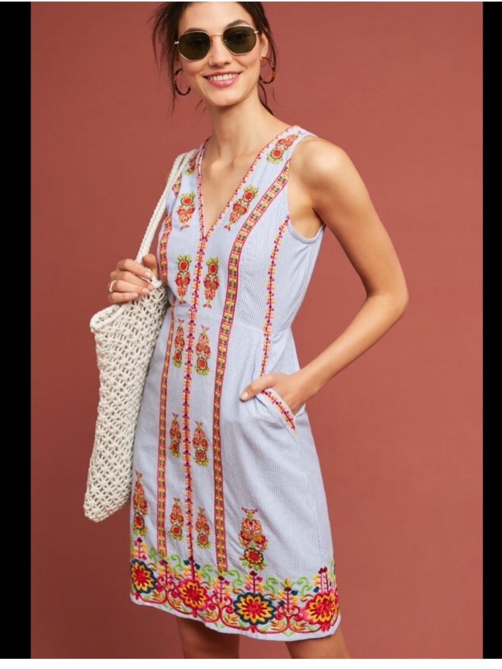 Anthropologie Maeve Madeline Sleeveless Blue Embroidered Shift Dress 4